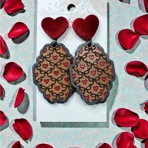 Jeweled Art Hand-Painted Heart Damask Pattern Engraved Wood Earrings